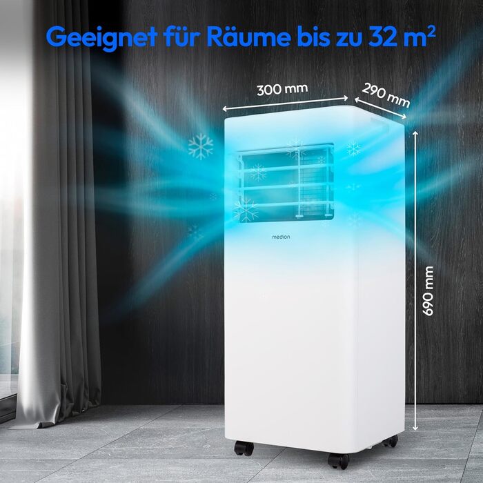 Мобільний кондиціонер MEDION P901 9000 BTU з пультом та Wi-Fi – охолодження, осушення, вентиляція. Комплектація з ущільнювачем для вікна.