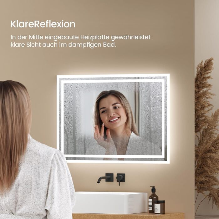 LED дзеркало для ванної кімнати EMKE 40x60 см з підсвічуванням, антизапарювання, регулювання кольору світла, сенсорне керування, алюмінієва рама, IP44, енергозбереження
