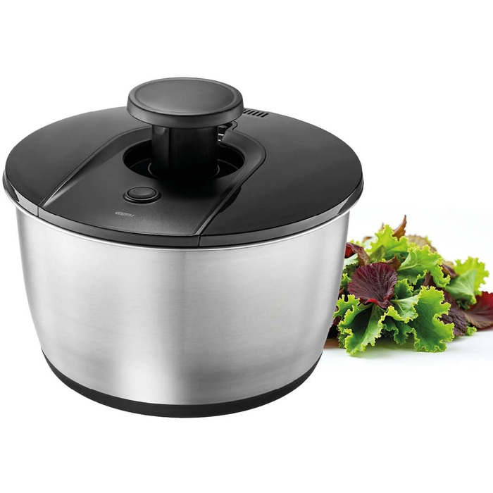Салатниця GEFU з кришкою для зберігання, 3л, пластикова чаша з вбудованим ситом та ручним приводом, чорно-сіра