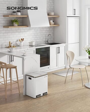 Сортувальний смітник для кухні SONGMICS, 2 x 15 л, сталевий, педальний, з двома відділеннями, для роздільного збору сміття, з м'яким закриванням, білий