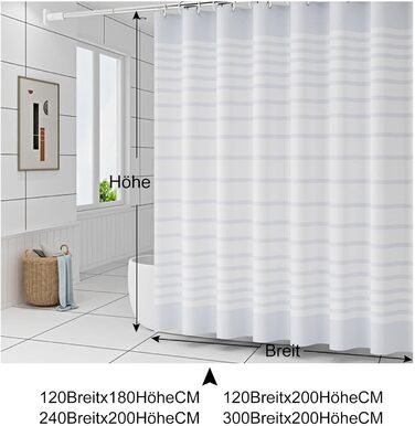 Білий душовий шторка PEVA 300x200 см XXL, антипліснява, смугаста, прана, для ванної, гуртожитків
