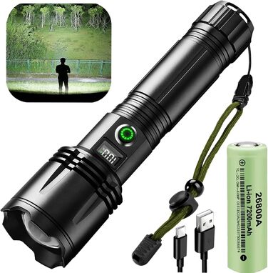 Ліхтарик ASORT LED акумуляторний, надяскравий 200000 люмен, зум, 6 режимів, USB, водонепроникний IPX67, для кемпінгу, туризму, надзвичайних ситуацій