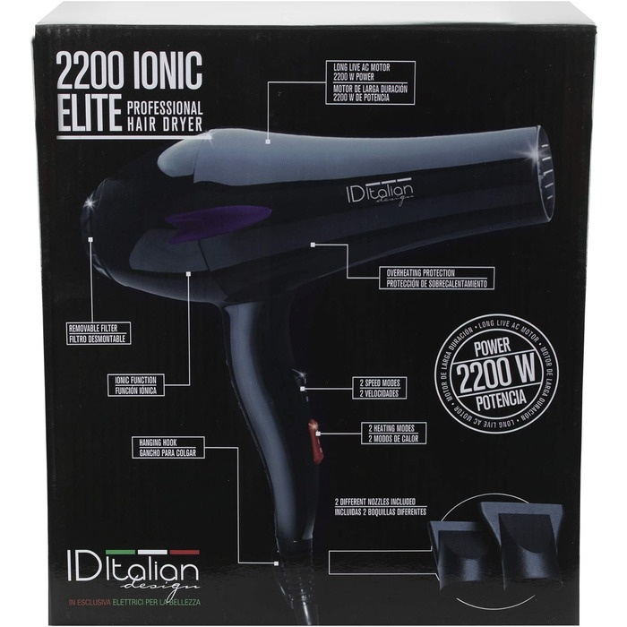 Професійний іонний фен для волосся ITALIAN DESIGN Elite, 2200 Вт, матовий чорний