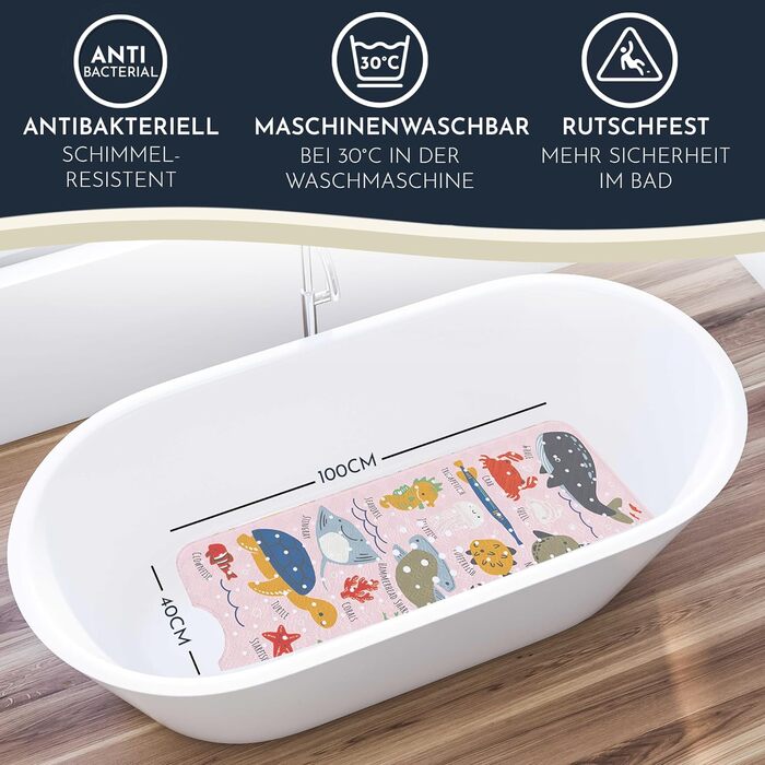 Дитячий килимок для ванни Homerella, протиковзкий, 100% BPA безпечний, 100x40 см, з 2 гачками, гіпоалергенний, стійкий до цвілі, рожевий з підводним алфавітом