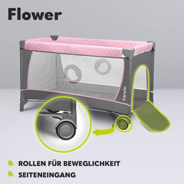 Дитяче ліжечко-манеж Lionelo Flower 4в1 з боковим входом, пеленатором, регульованою висотою, ігровою дугою, колесами та сумкою для транспортування