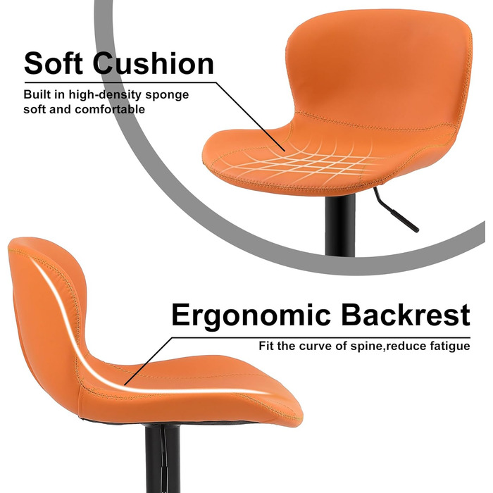 Стілець барний Youhauchair, 2 шт, регульований, PU шкіра, водостійкий, з підлокітниками, обертовий, сучасний, помаранчевий
