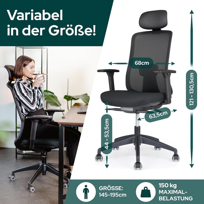 Офісний стіл Schekka® Ergonomisch - ергономічне крісло з регулюванням, підголовником та підтримкою попереку, 3D підлокітники, дихаюча сітка, 150 кг (Світло-сірий/М'ятний)