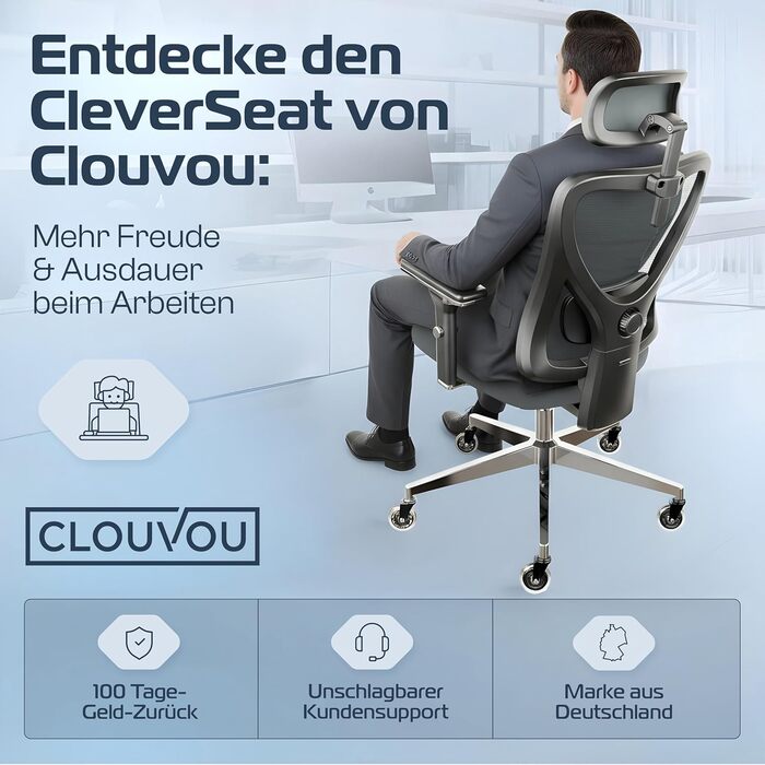 Ергономічне офісне крісло CleverSeat - стілець для роботи та геймінгу, обертовий, до 150 кг, антрацит/чорний