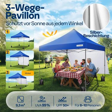 Намет VIVOHOME Pavillon 3x3 м для пікніка, кемпінгу, вечірок (синій, з боковими стінками, москітною сіткою, водонепроникний, з сумкою для транспортування)