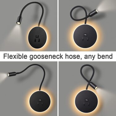 Світильник для читання Awekliy 3W+8W LED з гнучкою ніжкою, настінний, з USB-зарядкою, перемикачем, для спальні, ліжка, нічник, чорний, 3000K