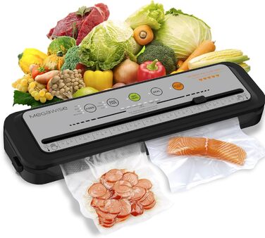 Вакууматор для продуктів Megawise з потужністю 80 кПа, автоматичний вакуумний пакувальник з режимами для сухих та вологих продуктів, сірий (набір з 10 пакетами та різаком)