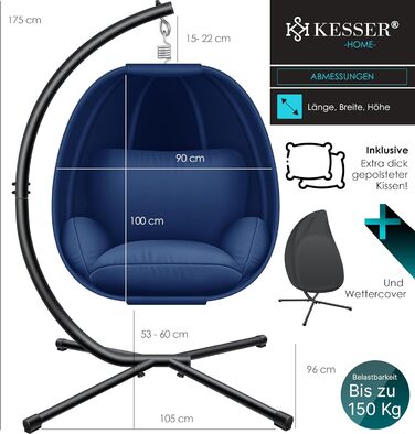 Підвісне крісло-гойдалка KESSER Luxe з каркасом, м'якою подушкою та захистом від погоди, для дому і саду, бічні та спинні подушки, стабільна основа, навантаження до 150 кг, синє