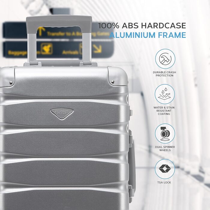 Преміум валіза Flight Knight 56x45x25 см, 8 коліс, алюмінієва рама, ABS, замок, срібляста, ручна поклажа та багаж для подорожей, міцна, для понад 100 авіаліній