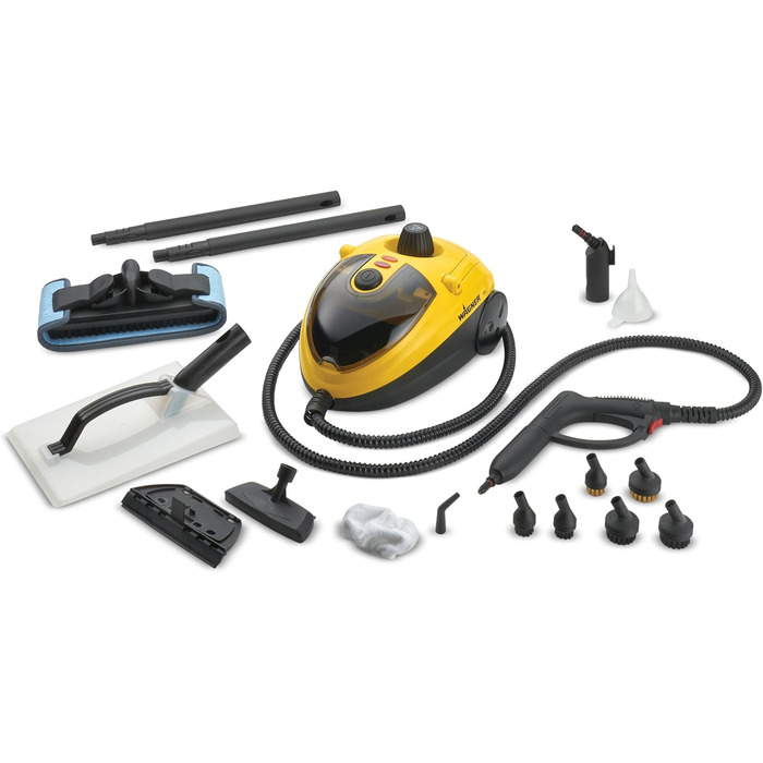 WAGNER Power Steamer 915 E – багатофункціональний пароочисник 1500 Вт, 3,5 бар, 18 насадок, резервуар 1,2 л, 40 хв роботи, для прибирання, жовтий/чорний