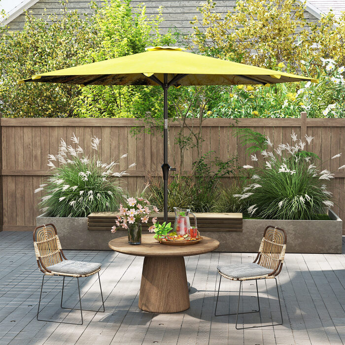 Outsunny Parasol Ø300 см, Парасолька з ручною рукояткою, візерунок, восьмикутний балкон Парасолька Пляжна парасолька Вітрозахисна стайня Ринкова парасолька Парасолька Сонцезахисний козирок для пляжу Балкон Патіо Сад, жовтий