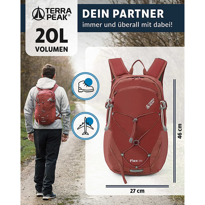 Рюкзак для туризму Terra Peak Flex 20 л, преміум, з вентиляцією спини, питною системою та дощовиком, темно-червоний, поліестер 3D Air Mesh, з поясним ременем