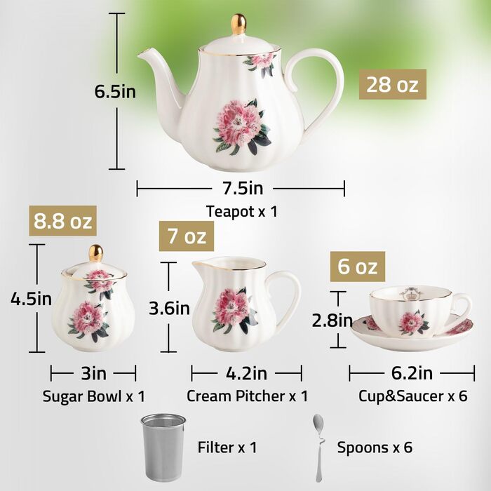 Набір посуду Sweejar Home Porzellan-Teeset British Royal: чайний сервіз на 6 осіб з чайником, цукорницею, ложками та ситечком (FloralD)