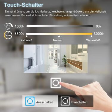 Великий дзеркало для ванної кімнати Badspiegel 120x70 см з підсвічуванням LED, сенсорне керування, антизапар, регулювання яскравості, для ванної кімнати та вітальні, білий колір, тип A: біле світло (50x70 см, 3 кольори світла / з розеткою)