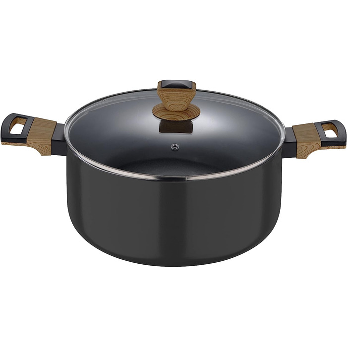 Каструля BERGNER Earth Black 24 см, алюмінієва з антипригарним покриттям, дерев'яна ручка, для індукції та всіх типів плит, з кришкою, чорна