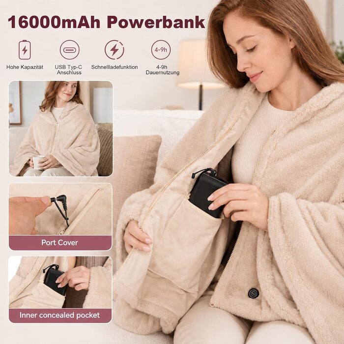 Акумуляторна електрогрілка-ковдра 160x90см з Power Bank 16000mAh, фланелева гріюча ковдра з 6 зонами обігріву та 3 рівнями температури, USB, Khaki