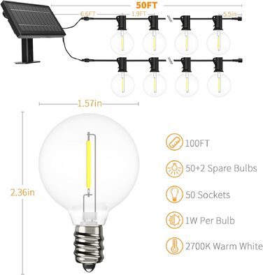 LED гірлянда вулична 15м, 16 ламп, IP65, теплий білий 2700K, для саду, тераси, весіль
