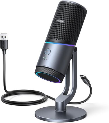 UGREEN ігровий USB-мікрофон з RGB-підсвічуванням, 24bit/96kHz, кнопка вимкнення звуку, конденсаторний мікрофон для ПК, PS5/PS4, стрімінгу, ігор, подкастів, запису, ноутбука