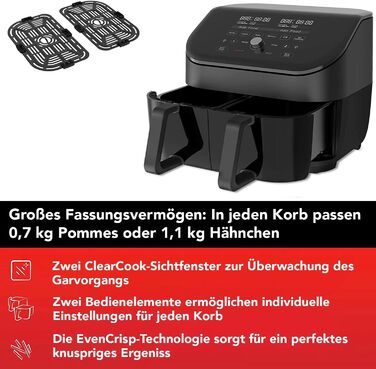 Фритюрниця з подвійною чашею Instant Vortex Plus ClearCook, 7.6 л, 8-в-1, цифрова аерофритюрниця, чорна, XL, 1700 Вт – для запікання, смаження, грилю, дегідрації, підігріву