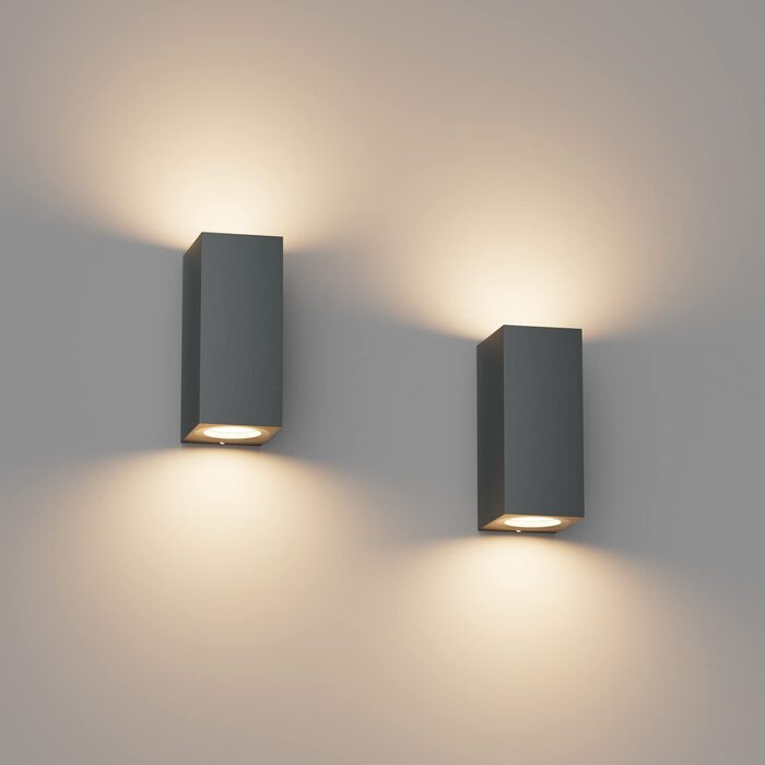 Набір настінних світильників Klighten (2 шт.), антрацит, сучасна квадратна лампа для вулиці та дому, водонепроникна IP65, патрон GU10, Up-Down підсвітка, алюміній