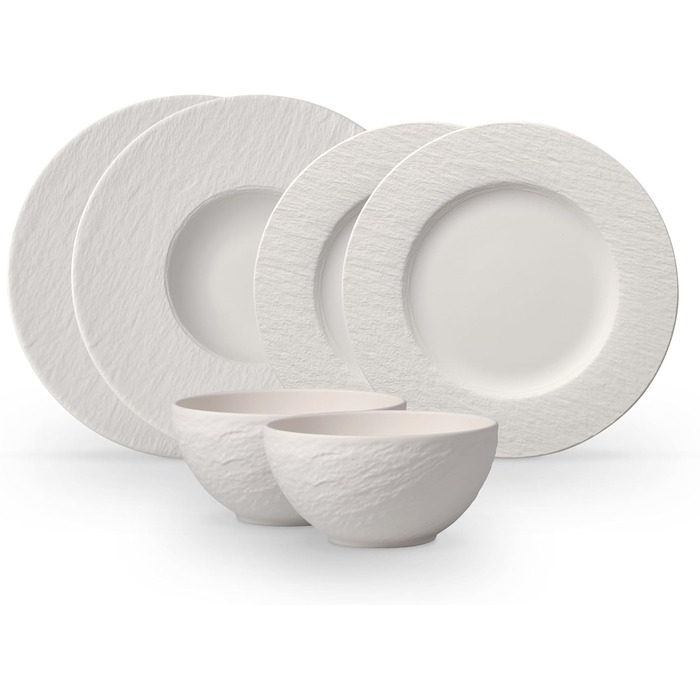Villeroy & Boch Manufacture Rock Blanc набір посуду 6 предметів, білий, преміум порцеляна, сучасний дизайн, для сервірування, можна мити в посудомийній машині та використовувати в мікрохвильовці: тарілки, паста-тарілки, миски для мюслі, стартовий набір