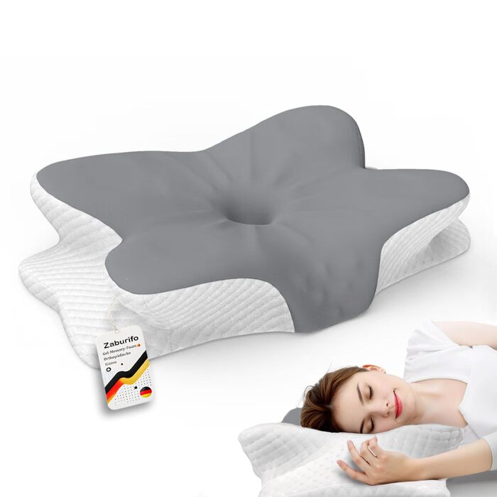 Ортопедична подушка для шиї з ефектом пам'яті Memory Foam, щільність 50D, сіро-біла