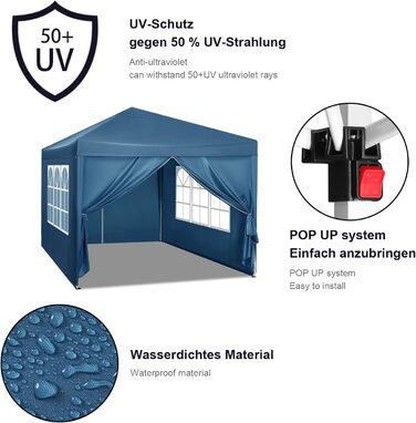 Павільйон WOLTU Pop-Up водонепроникний складаний з боковинами, садовий тент 3x3 м, металевий каркас, для тераси, кемпінгу, фестивалю, з Оксфордської тканини, синій