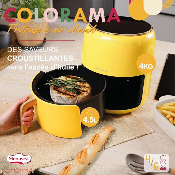 Аерофритюрниця MENASTYL Colorama Safran: безмасляна фритюрниця на 4,5 л, 8 програм, до 200°C, таймер на 1 годину, без PFAS, з мийкою кошика та решітки