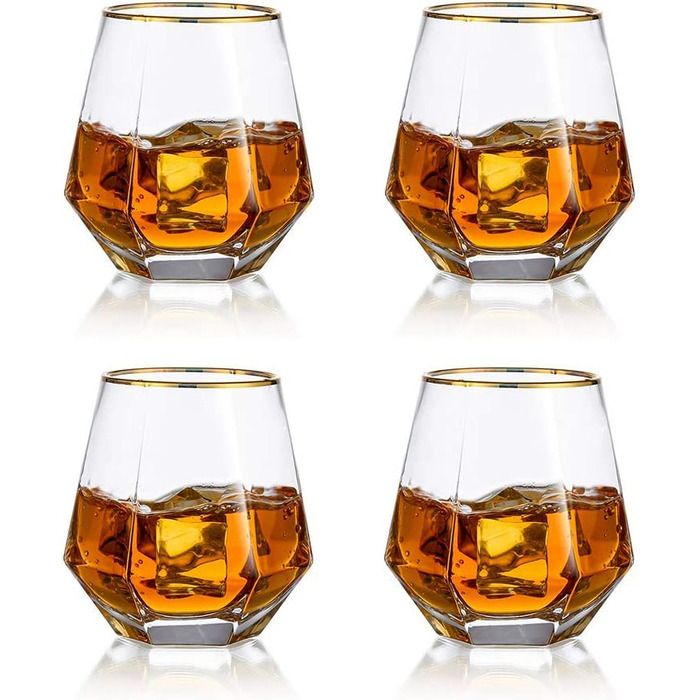 Набір склянок Diamond Whisky Glasses, 4 шт, 300 мл, скло з золотим обідком для віскі, бурбону, рому, бару, подарунок для чоловіків і жінок