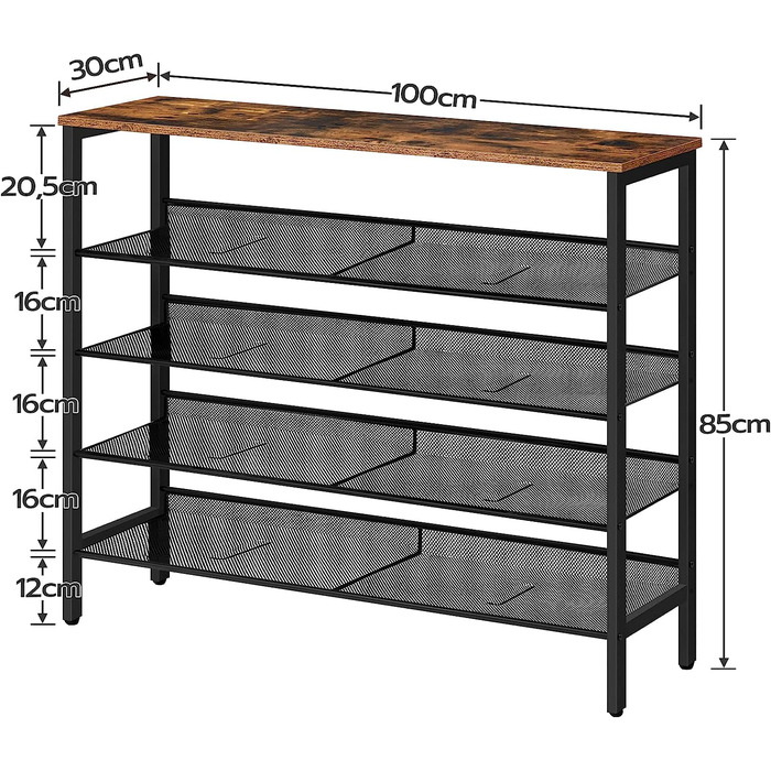 HOOBRO металевий стелаж для взуття, 5-рівневий, регульований, 100x30x85 см, для коридору, індустріальний стиль, вінтажний коричнево-чорний
