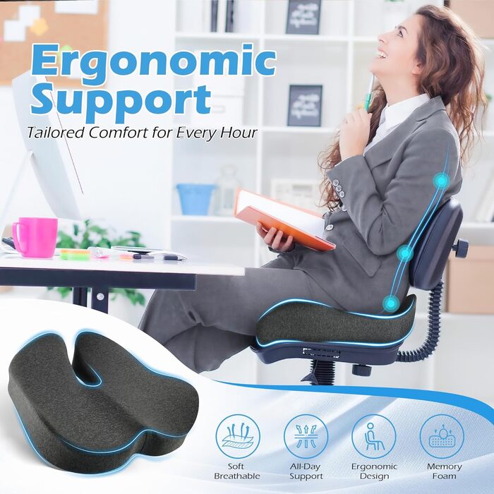 Подушка для офісного крісла Lofty Aim з піни Memory Foam: ортопедична, для попереку, від болю в сідницях, для офісу, авто, літака, інвалідного візка – чорний та темно-сірий