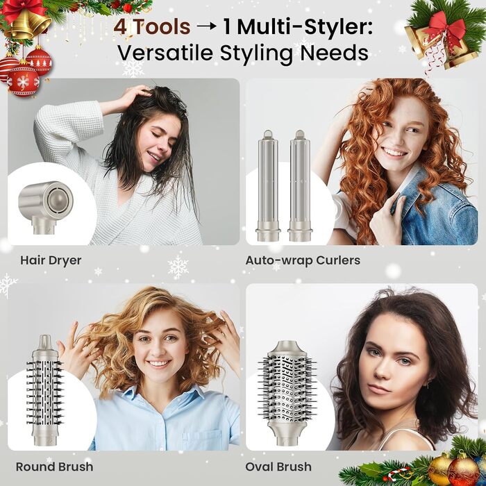 MESCOMB 5-в-1 Airstyler та Hairstyler: Фен-щітка з іонізацією, автоматичний локонів та об'ємна щітка – Швидке сушіння, укладка для локонів, об'єму та вирівнювання без пошкоджень | Легкий та ідеальний для дому, колір шампань-золото
