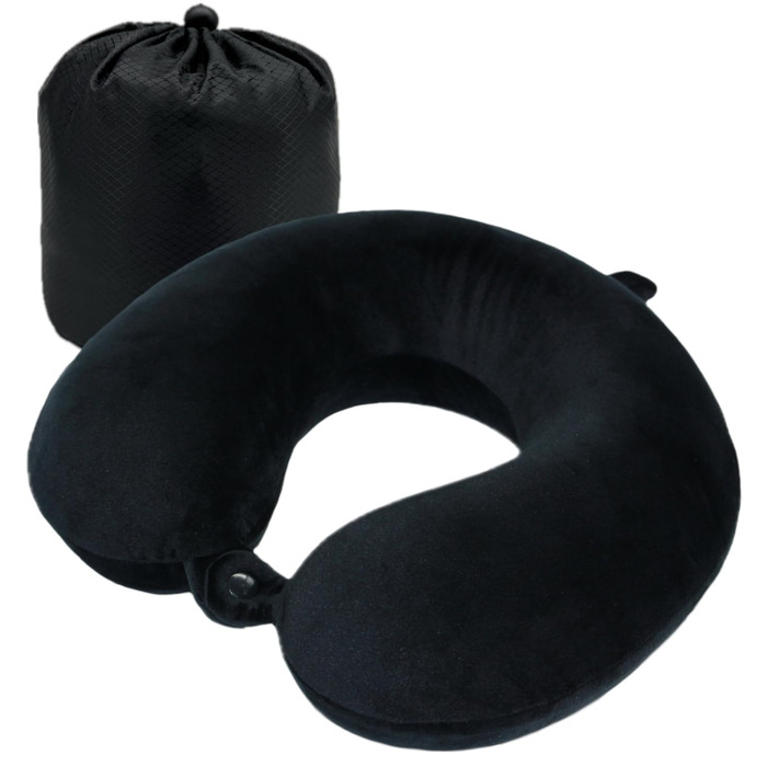 Подорожня подушка-натиранік U-подібна з ефектом пам'яті Memory Foam, м'який чохол, чорна — для літака, авто та офісу