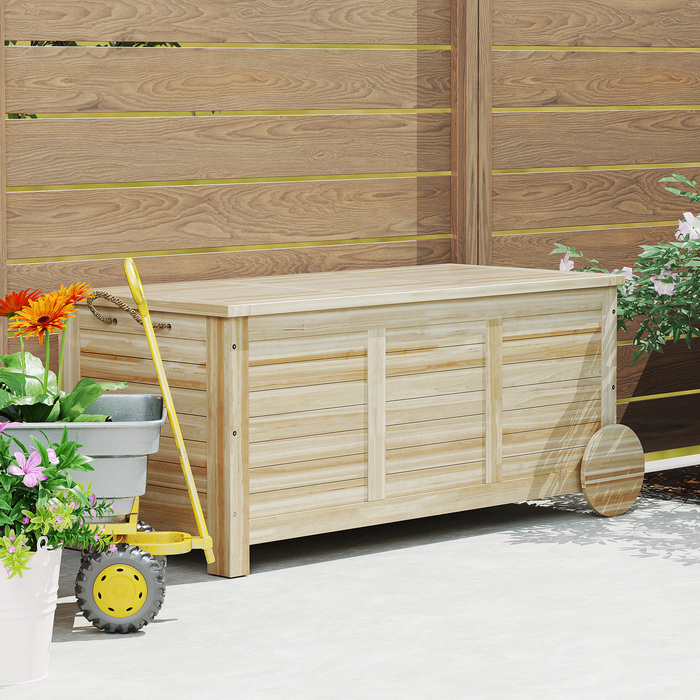 Outsunny Cushion Box 185 л Водонепроникний садовий ящик з колесами Дерев'яна погодостійка УФ-стійка подушка Коробка для зберігання Садова скриня для відкритого саду Балкон з натурального дерева