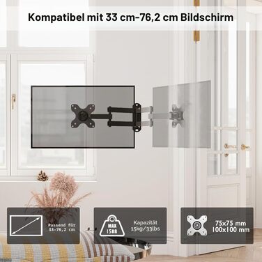 Настінний кронштейн для монітора та ТВ BONTEC (13-30 дюймів), поворотний та нахильний, VESA 75x75/100x100мм, до 15 кг, з рівнем