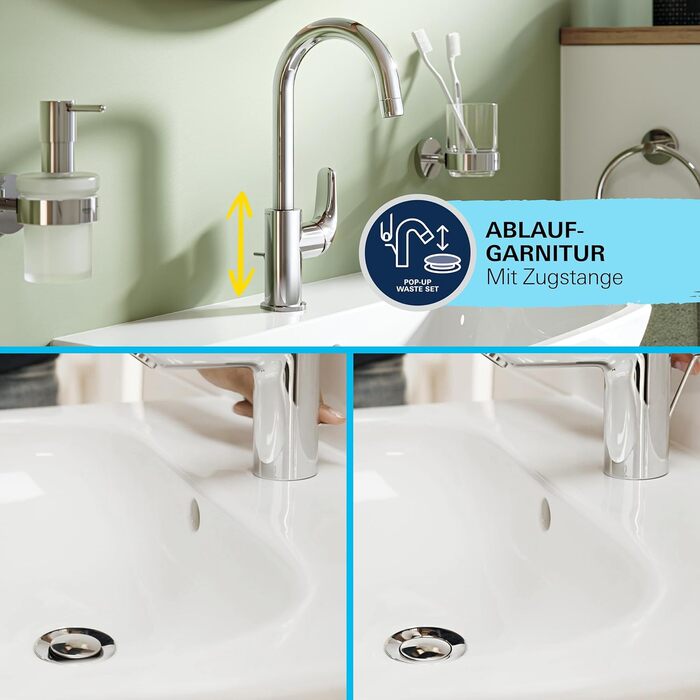 Змішувач для ванної кімнати GROHE Swift, високий, водозберігаючий, хром, 31 см, з інструментом 3-в-1, для встановлення на раковину