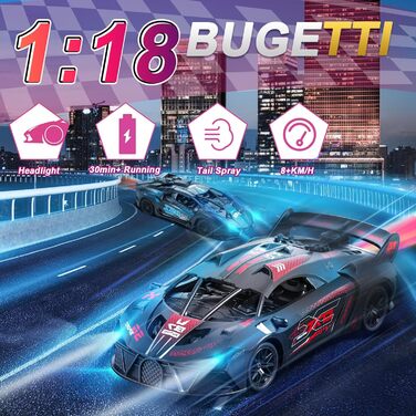 Радіокерований автомобіль Bugetti 1:18 з пультом, розпилювачем, світлодіодами, акумулятором для дітей від 3 років