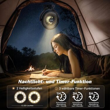 Вентилятор портативний Ateroll 10000mAh з пультом, USB, 20 см, 3 швидкості, з LED підсвіткою та таймером - для дому, офісу, кемпінгу