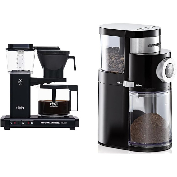 Кавоварка Moccamaster KBG Select 1.25 л 1520 Вт матова чорна + кавомолка Rommelsbacher EKM 200, 250 г, 110 Вт, комплект для приготування кави