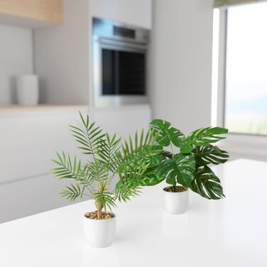 Набір штучних рослин PASCH® Monstera та арека, 35 см, у білих керамічних горщиках – декоративні штучні рослини у горщику, як справжні