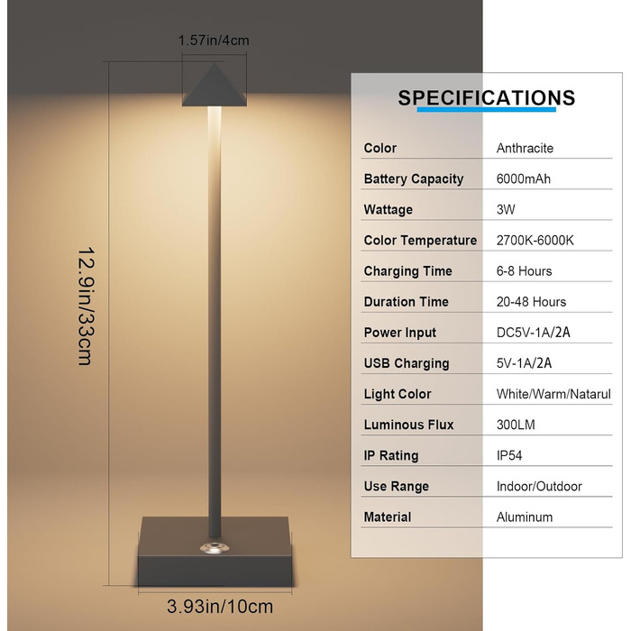 LED настільна лампа Aipsun, 2 шт., димована, акумуляторна, бездротова, антрацит, алюміній, IP54, USB-C, 2700K/4000K/6000K, водостійка