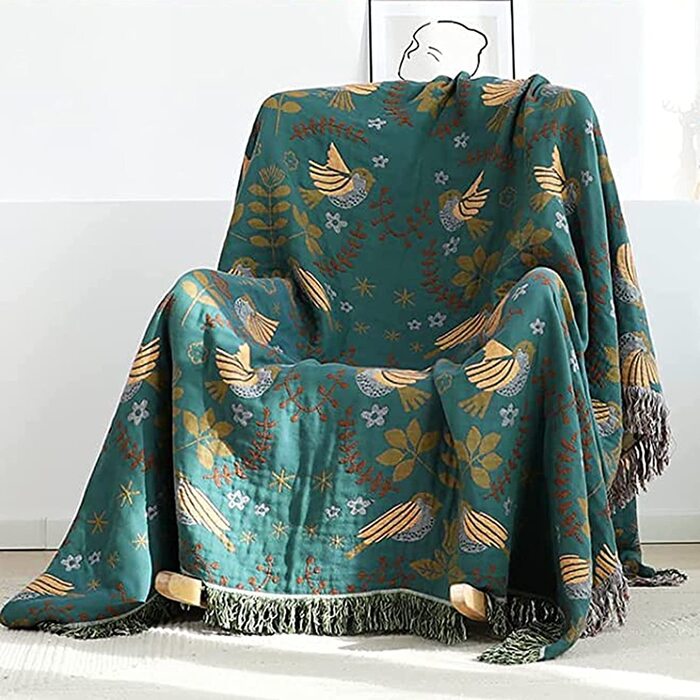 Багатофункціональна плед-ковдра HOORDRY Boho з натуральної бавовни, 200×230 см, Блакитно-зелений принт з пташками та квітами