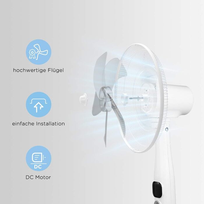 Вентилятор підлоговий Midea FS40-16CR з DC-мотором, 12 швидкостей, тиха робота 27 дБ, дистанційне керування, LED-дисплей, таймер 12 год, 4 режими, енергозбереження, 5 лопатей, регульована висота, білий