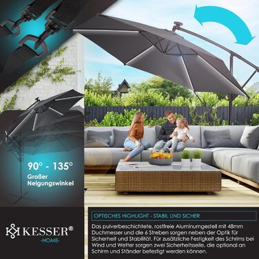 Сонячна алюмінієва парасолька KESSER 350 см з LED підсвіткою, дистанційним керуванням, водовідштовхувальна, UV-захист, з основою, для саду, антрацит