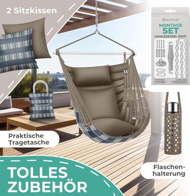 Підвісне крісло-гойдалка KESSER Haiti 150кг, обертання 360°, для дому та вулиці, UV-стійке, водонепроникне, 2 подушки, чохол, тримач для пляшки, монтажний набір