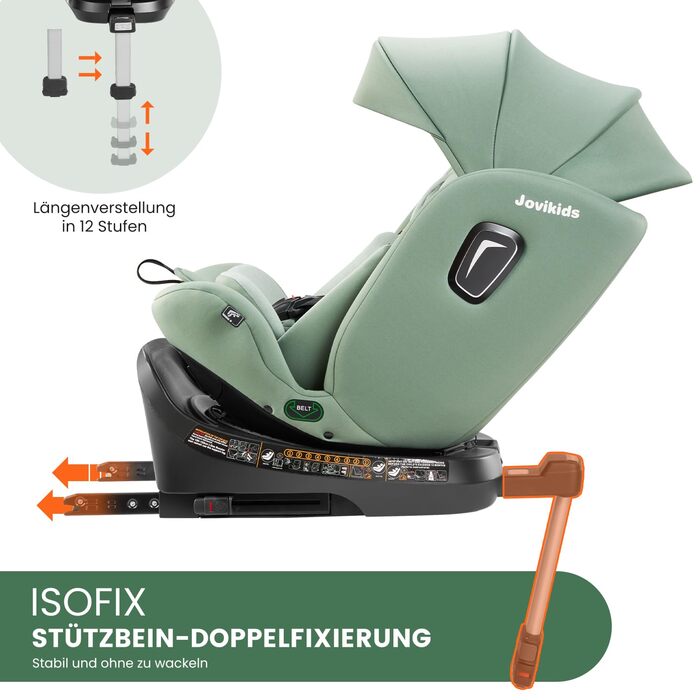 Дитяче автокрісло Jovikids 360° з ISOFIX, i-Size 40-150 см, від народження до 12 років, з функцією обертання, лежачим режимом, знімним козирком, стандарт ECE R129, зелений